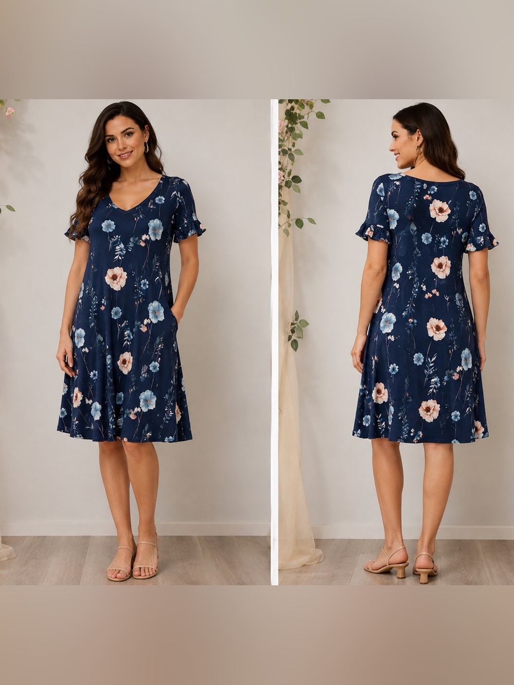 NWT Navy Blue Floral V Neck Ruffle Sleeve Pocket Dress XL